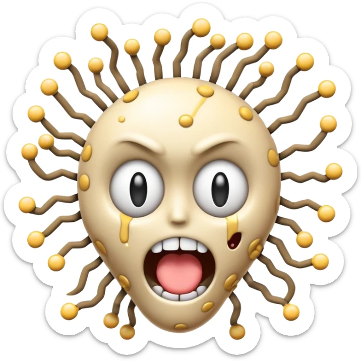 absolutely insane emoji with eyes popping out of sockets on springs, brain partially exposed, multiple gigantic polka-dotted tongues flailing in all directions, tiny explosions around head, face melting, completely deranged look sticker