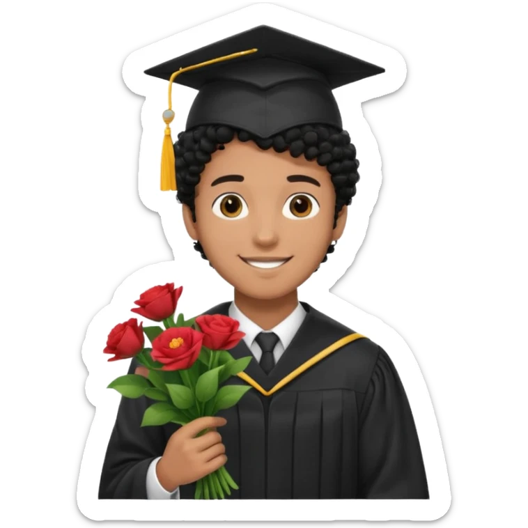 Graduated Students, Male,  brown skin, black curly hair, wearing graduation cap, holding bouquet of flowers
 sticker