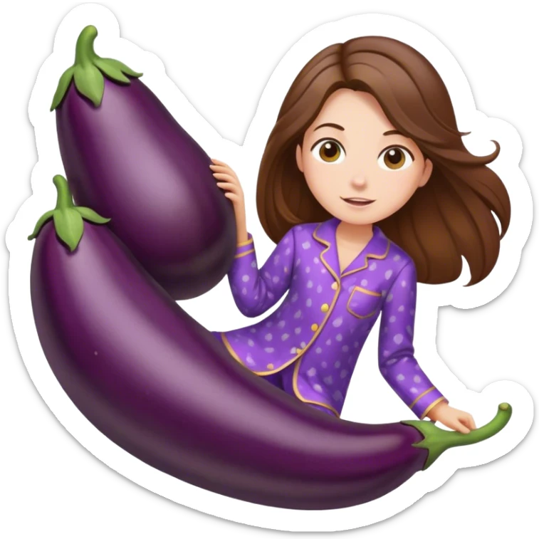 girl with long brown hair riding eggplant in pijamas sticker