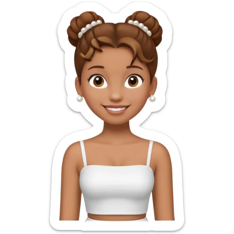 Full body, Light brown skin girl, brown hair in bun, smiling, white tube top, pearl earrings sticker