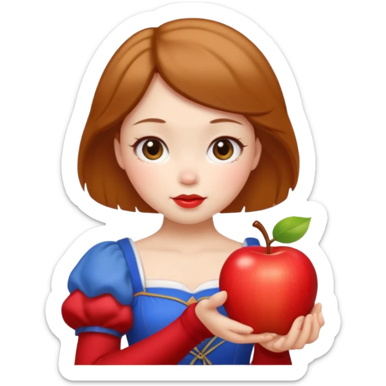 Create an emoji of Snow White holding a red apple, with short golden-brown hair Please create it in a super cute Japanese kawaii emoji style. sticker