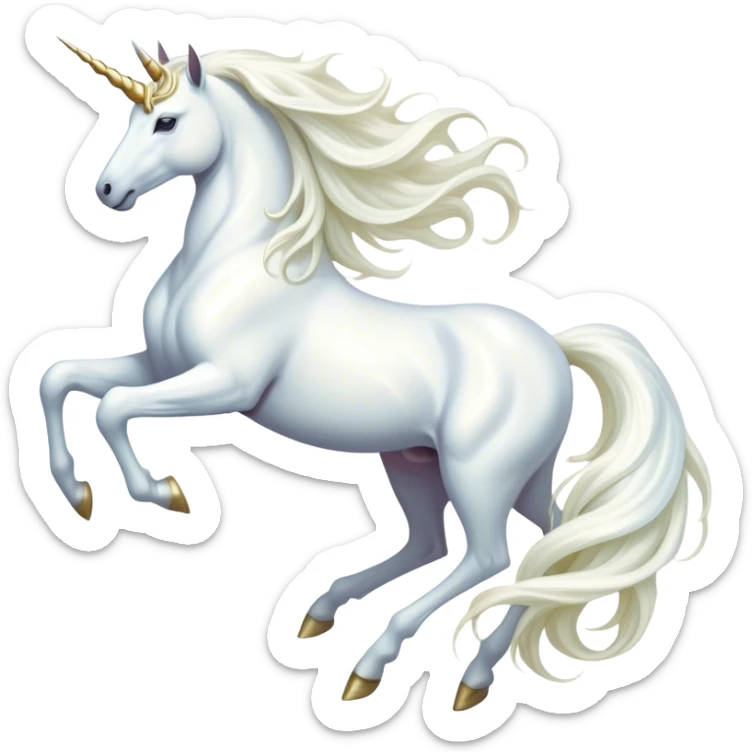 Cinematic Noble White Unicorn Portrait Emoji, Poised and regal, with a slender, ethereal form draped in a pristine white color, a flowing mane and tail, and a glistening, spiraled horn that radiates pure light, Simplified yet sharp and sophisticated features, highly detailed, glowing with a soft, iridescent luminescence, high shine, intelligent and transcendent, stylized with an air of mythical enchantment, focused and serene, soft glowing outline, capturing the essence of a watchful and confident white unicorn that appears ready to prance out of the screen with magical grace! sticker