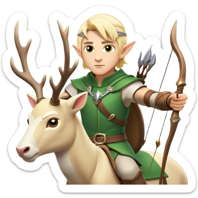 clash-of-clans-aesthetic-blond-male elf-archer-portrait-emoji, rendered in a flat, vector-style with minimal shading and bold, simplified shapes, head tilted slightly forward with a determined, focused expression, riding a majestic white stag whose antlers glow with mystical energy, set against an ancient, enchanted forest backdrop. sticker
