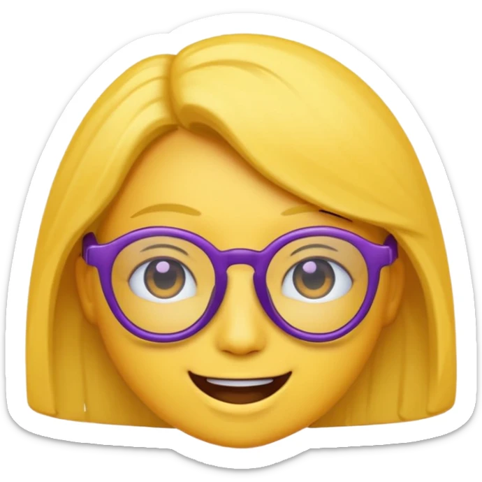 un emojis amarillo, con el cabello negro corto lacio,   con lentes violeta y una sonrisa sticker