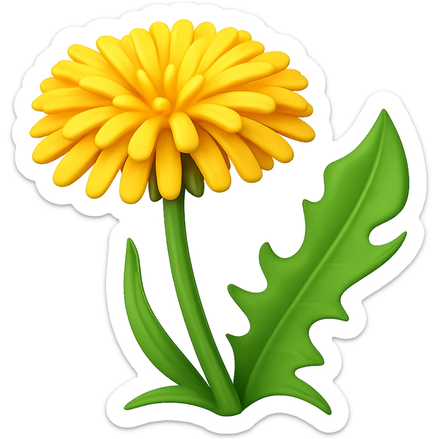 Create a 3D illustration of a dandelion in the style of iOS Apple emoji, featuring a voluminous yellow flower and a green leaf, on a transparent square background. The style should mimic the Apple emoji look with a 3D effect and vibrant colors. sticker
