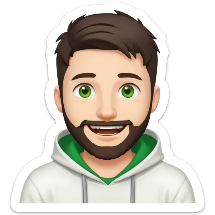 laughing guy with white hoodie, white t-shirt underneath, green eyes, dark brown undercut hairstyle and a short full beard sticker