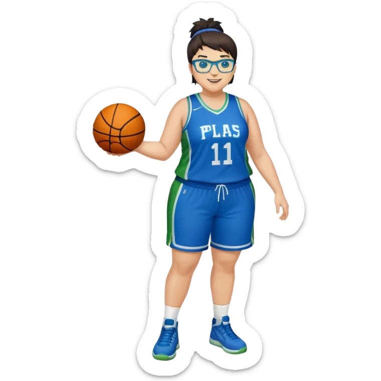 Full Body plus size white female basketball player with short dark hair with highlights spike hair wearing blue glasses  wearing blue green uniform smiling sticker