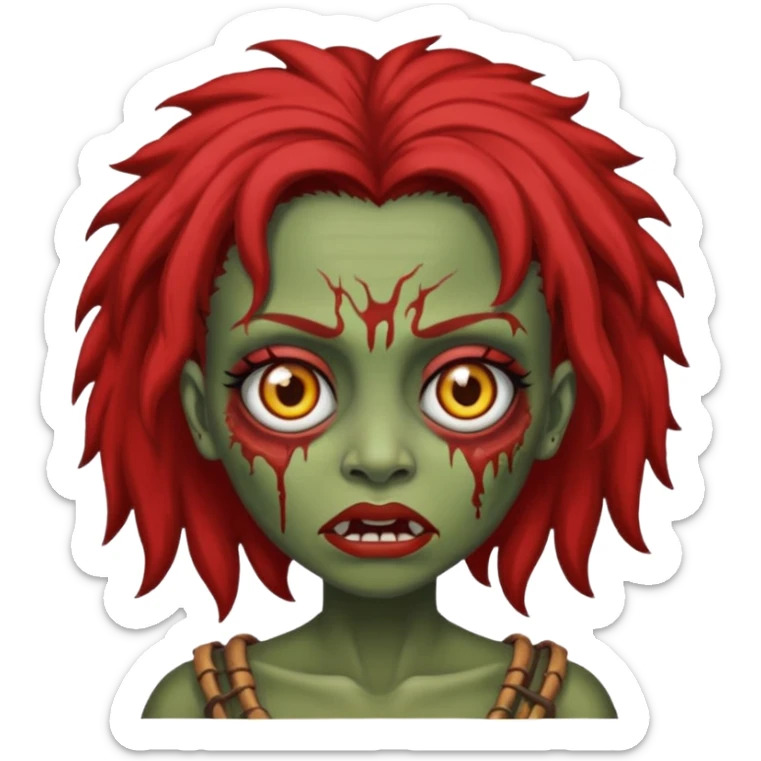 Crie um emoji de zumbi de uma mulher de cabelos castanhos escuros com machucados sticker