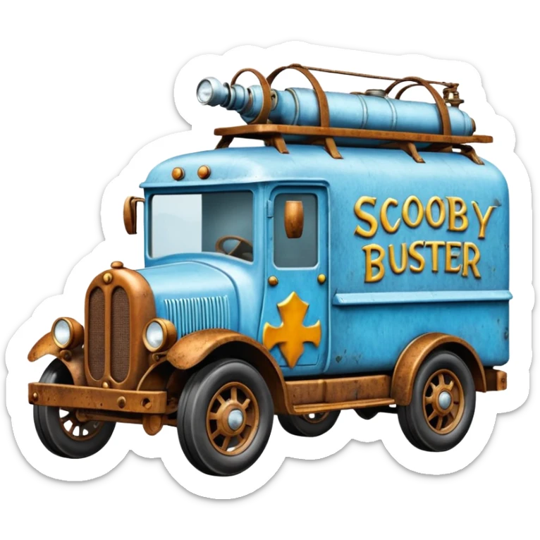 The Flintstones Mr. Freeze’s shiny frozen Scooby Doo 1915 Lightning Bug busters liquidator’s antique long wheelbase moving truck  sticker