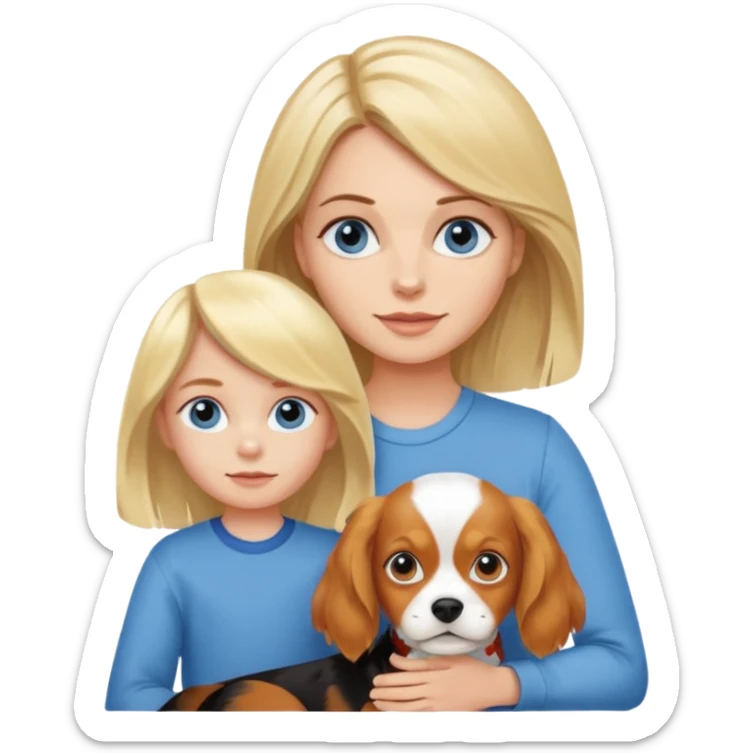 Blond Mom with little blondie blue eyed girl with cavalier charles spaniel trocolora girl sticker