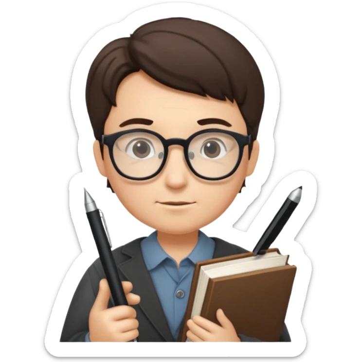 writer holding big pen in hand and closed book in other hand, wearing glasses sticker