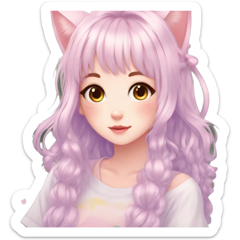 Gorgeous pastel anime girl with blushing face and hair garnitures and pretty hair and cat ears aesthetic trending style sticker