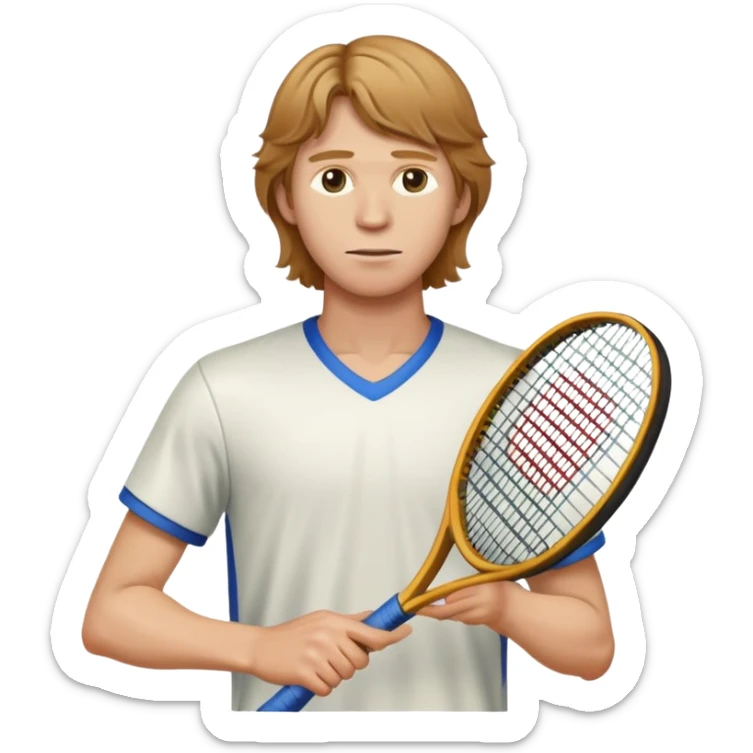 Andrey Rublev recognizable in the style of a well-developed emoji, cropped at the chest, holding a racket sticker