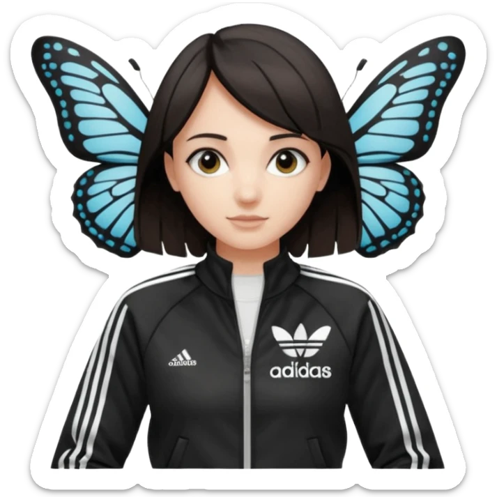 A girl with  medium length, dark hair, fair skin. The style is a butterfly  cut and wore black Adidas track jacket with white stripes on the sleeves. It has a full zipper down the front, a stand-up collar, and the Adidas logo on the right chest emoji sticker