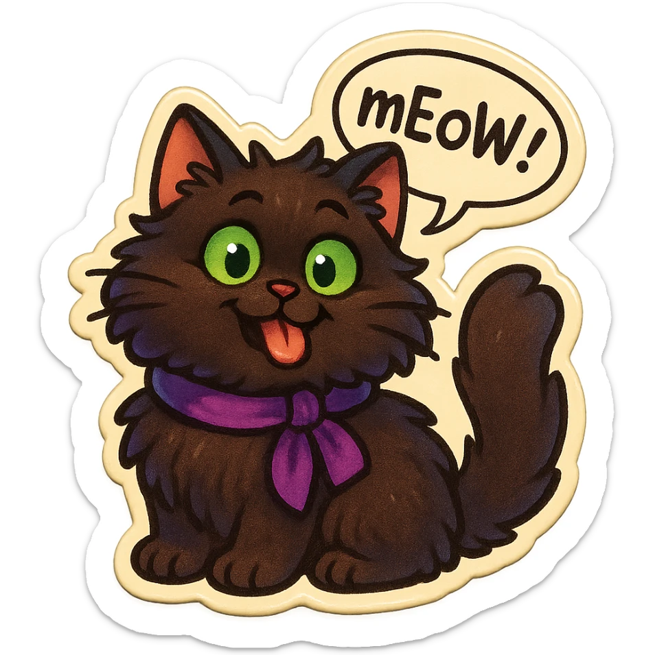 Fluffy cute derpy silly goofy funny dark-brown cat with green eyes and a purple scarf saying ‘mEoW~!’ (With a speech bubble) sticker