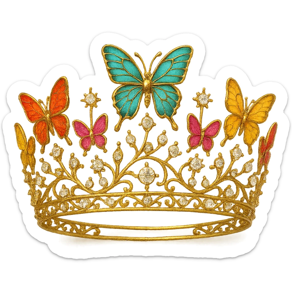 a whimsical butterfly crown in gold, with colorful enamel butterflies and sparkling gems sticker