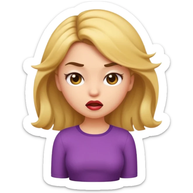 cute cartoon-style sassy young girl emoji with dramatic petty look, head tilted, lips pursed, one eyebrow raised, hand on hip, swinging hair, big expressive eyes, iOS emoji style sticker