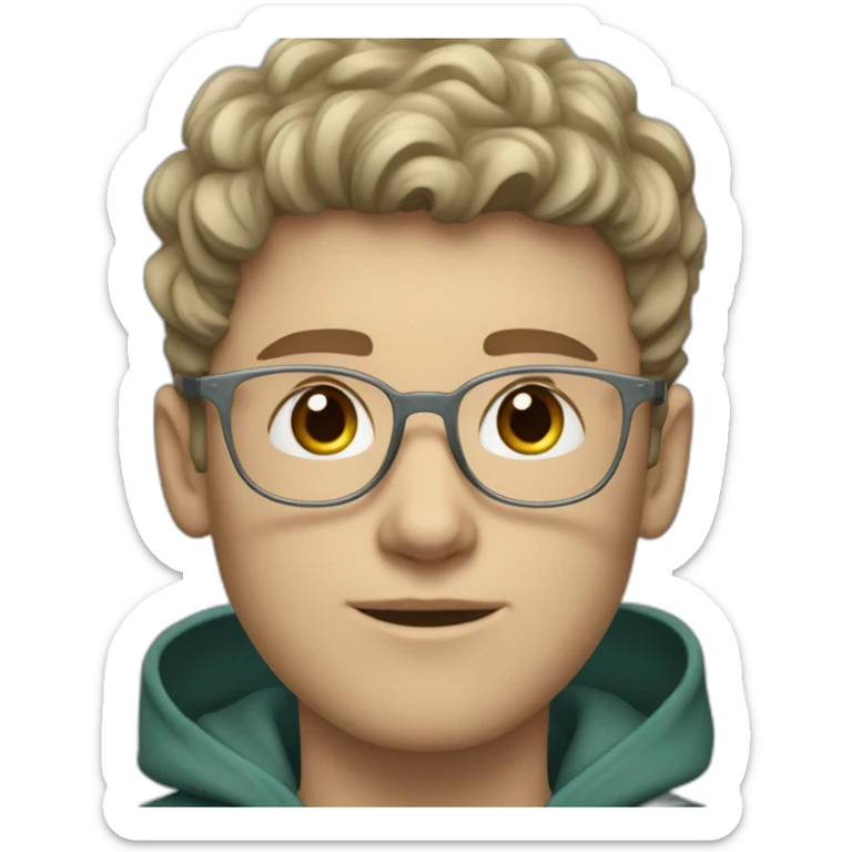 young white guy with wavy hair and a fade in light brown color and round silver color glasses with a grey hoodie on and blue green eyes sticker