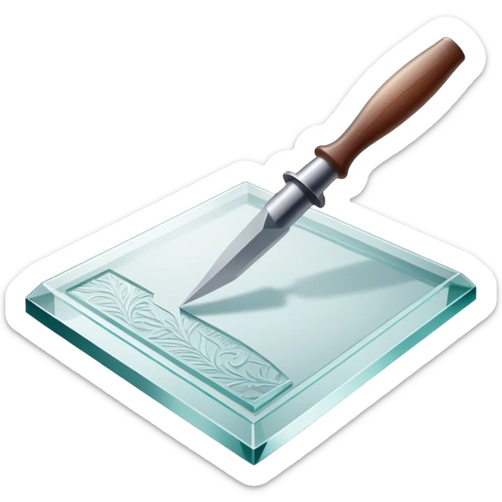 Glass carving icon, piece of glass being etched with carving tools, fine lines and patterns on the glass surface, glass cutter, minimalistic style, clean lines, transparent background. sticker