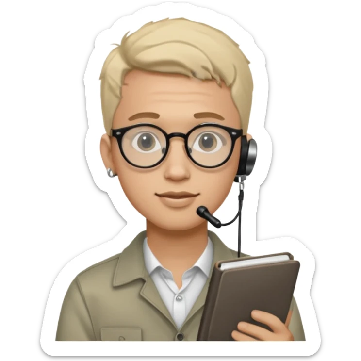 A man in his 20s wearing an apnotebook, wearing radio earrings, round glasses, achromatic clothes sticker