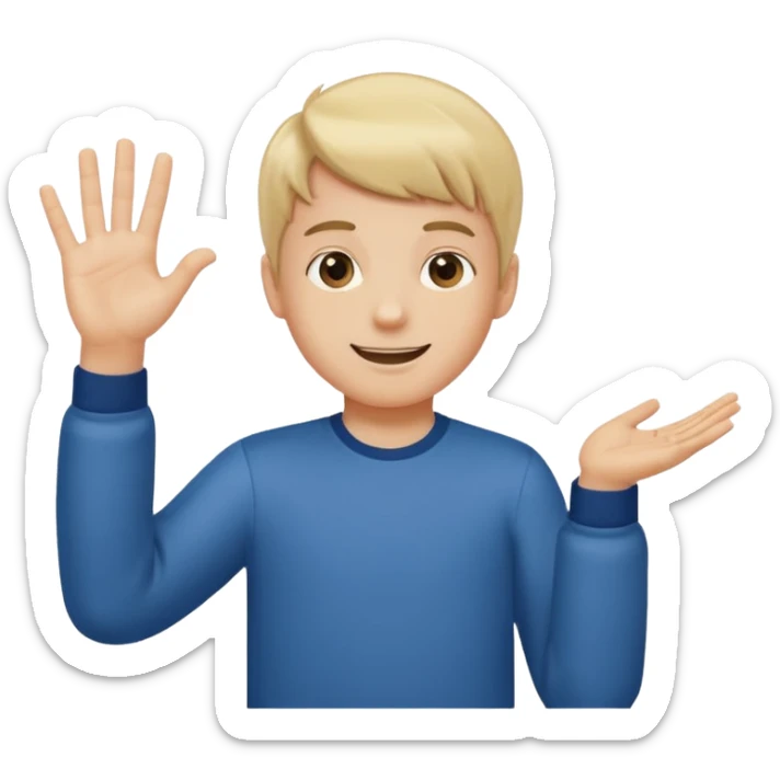 A boy who has his left \ hand say 6 and his right hand / say 7 and make the kid shrug and make him smile and white sticker