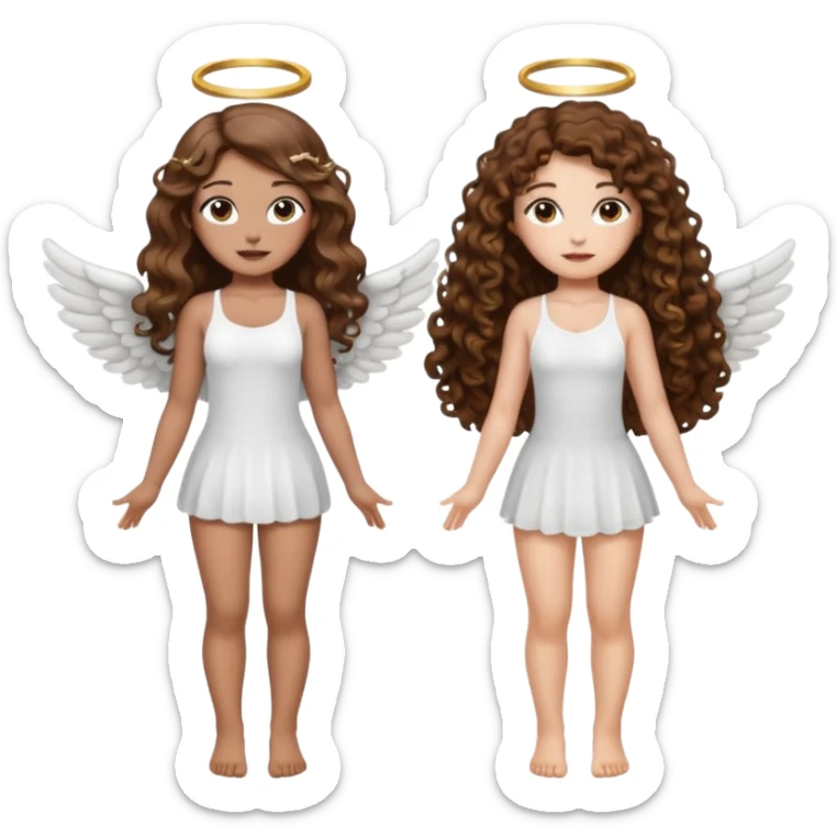 fake angel pose — long wavy brown hair tattooed woman and short tight curly brown hair woman — halo sparkle sticker