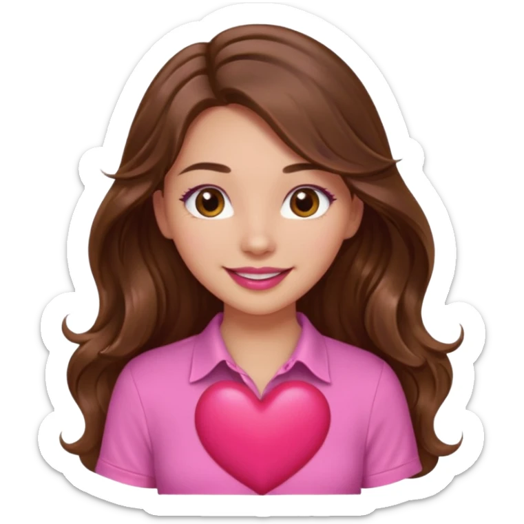 girl with long wavy brown hair, brown eyes, light to medium complexion, in a pink shirt, pink lips, long lashes, smiling, squeezing a big heart sticker