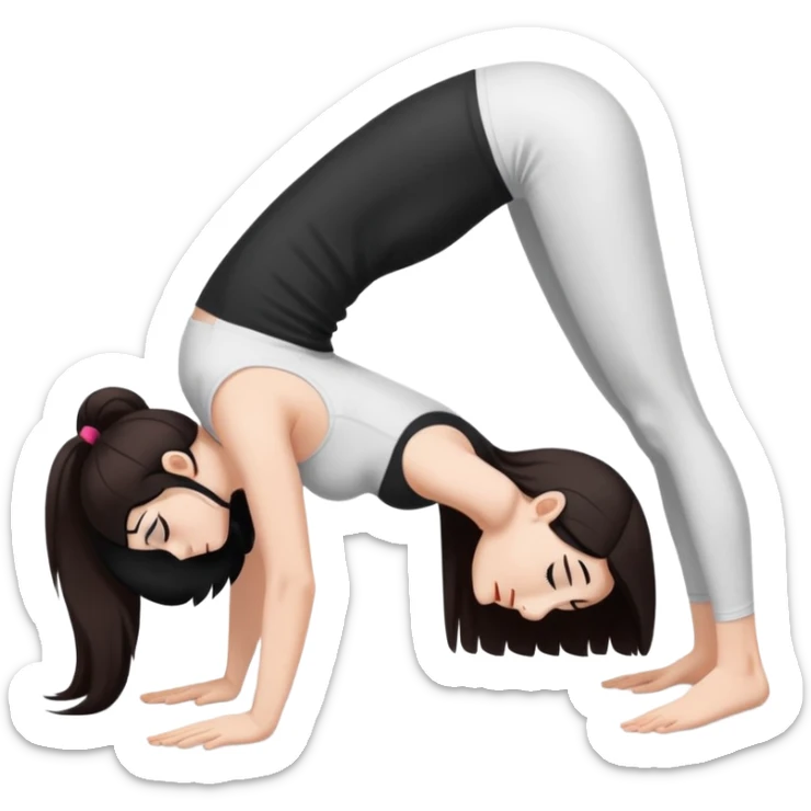 Девушка белокожая в позе собака мордой вниз, с длинными темными волосами, в белом топе, в черных лосинах, с черными ресницами sticker