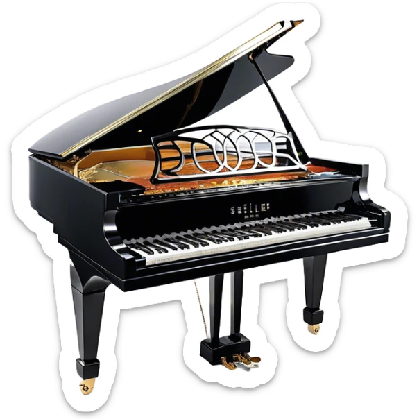 Create an elegant and detailed emoji representing the Seiler 278 Konzert grand piano. The design should feature the grand piano's polished black body with shiny, reflective surfaces, capturing its high-quality craftsmanship. The black and white keys should be clearly visible, with the curved shape of the grand piano’s body and lid, which can be slightly open. Add visible details like the pedal system, the intricate wood finish on the frame, and the elegant legs of the piano. The musical notes should float around the piano, evoking the sound of a professional concert instrument. Use deep black, white, and gold tones to highlight its luxurious appearance. The background should be transparent. sticker