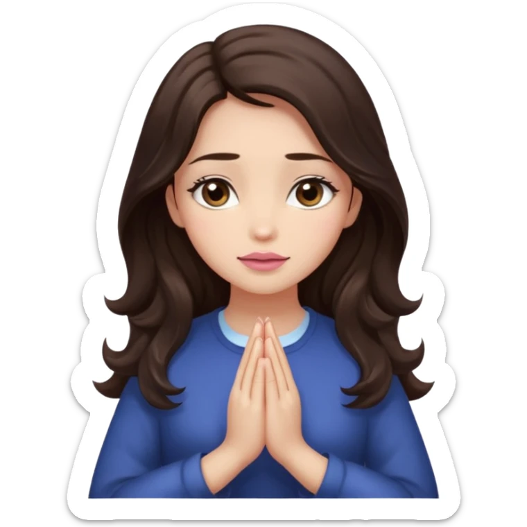 girl with wavy long glamorous dark brown hair, brown eyes, light to medium complexion, long lashes, almond shaped eyes, light pink lipstick, square shaped face. praying sticker