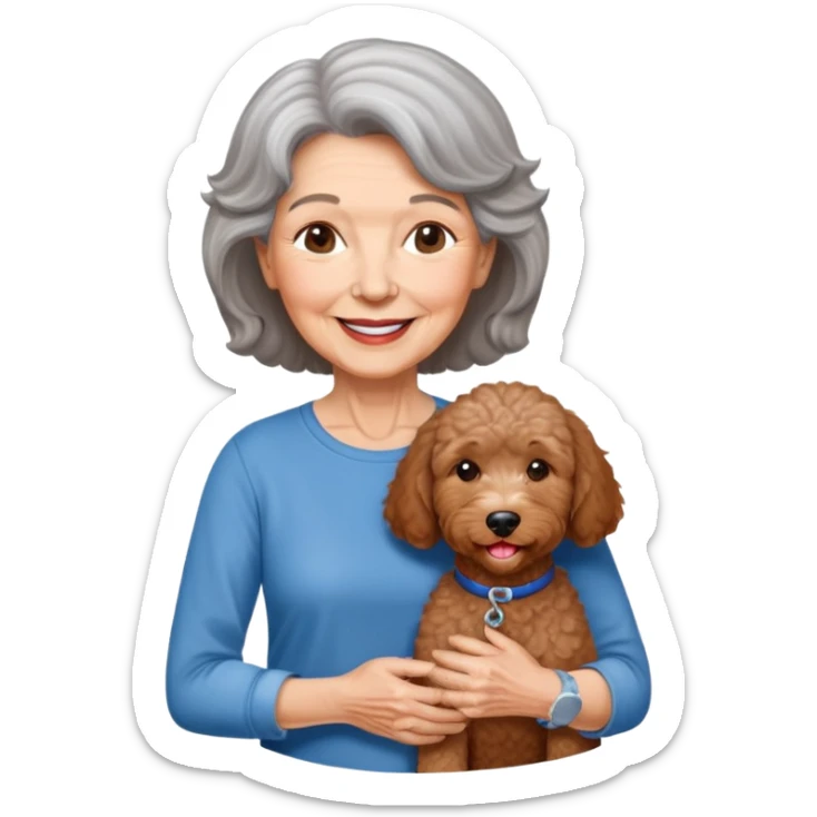 Smiling, peaceful elderly woman Brown hair chin legnth parted on the left side with silver streaks wearing blue jeans and a 3/4 sleeve legnth tshirt with a red labradoodle happy face. sticker