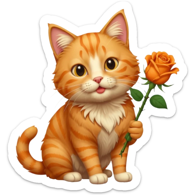 A fluffy, orange tabby cat fuul body, having a rose in it's mouth, and looked like he came from outside. sticker