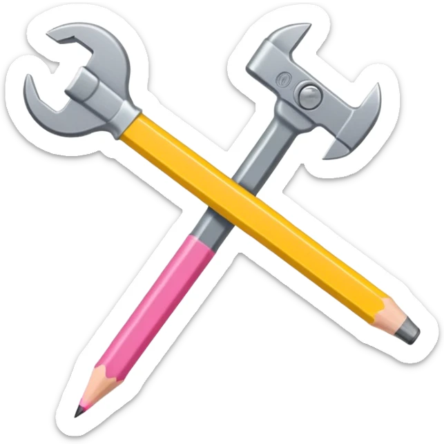 A flat-style illustration of a pencil and a wrench. The pencil is yellow with a pink eraser, and the metallic gray wrench sticker
