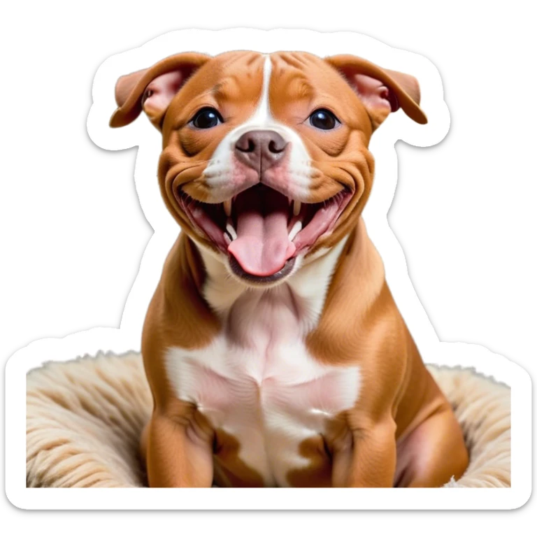 Cinematic Cute Yawning Red/Fawn Staffordshire Bull Terrier Portrait Emoji, Head tilted slightly with a dramatic, wide-open yawn, showcasing a smooth red/fawn Fur with crisp white accents, floppy ears slightly drooping, round dark eyes barely open in drowsy contentment, Simplified yet irresistibly adorable features, highly detailed, glowing with a soft, cozy glow, high shine, relaxed yet expressive, stylized with a touch of whimsy, bright and endearing, soft glowing outline, capturing the essence of a sleepy yet affectionate guardian, so drowsy it feels like it could stretch right out of the screen and curl up for a nap! sticker