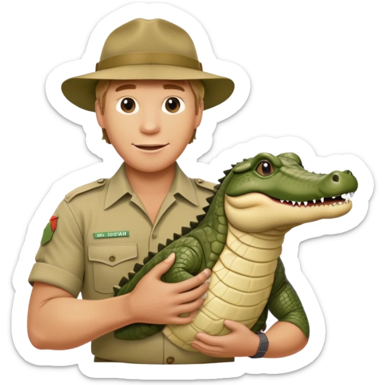 Cinematic Realistic Steve Irwin Portrait Emoji, in his signature khaki attire, holding a crocodile or giving an excited thumbs-up. The scene is lit with vibrant, natural sunlight, emphasizing his adventurous spirit and deep connection to nature. sticker