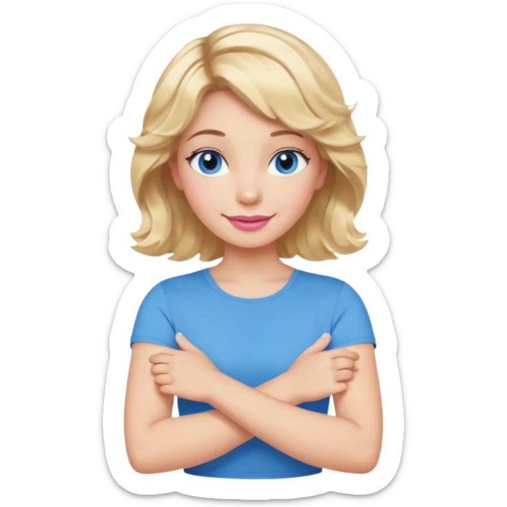 Girl Blonde short wavy hair,  blue eyes, cute blue top, long lashes, pink lips, smiling, making cross arms with arms  sticker