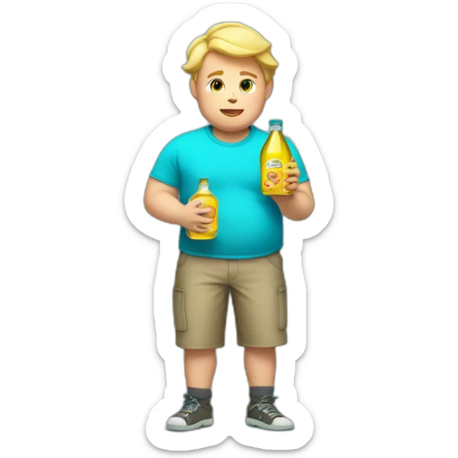 Fat blonde boy in a cyan shirt holding a bottle of cooking oil sticker