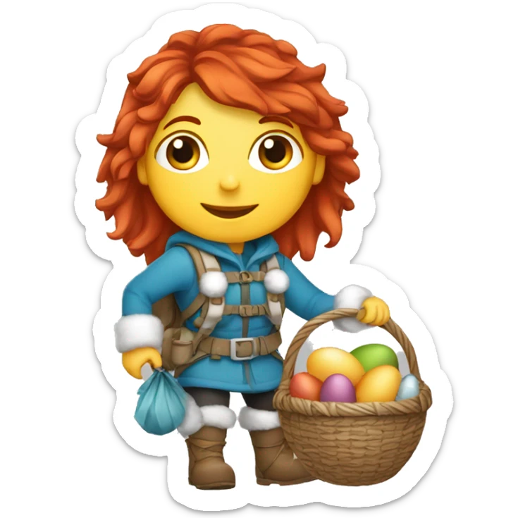 red hair female winter mountaineer climbing with Easter eggsbasket and Greek flag sticker