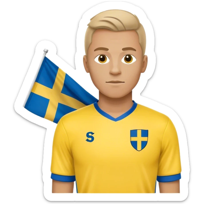 Swedish male soccer player with yellow and blue clothes and with the Swedish flag on the chest sticker