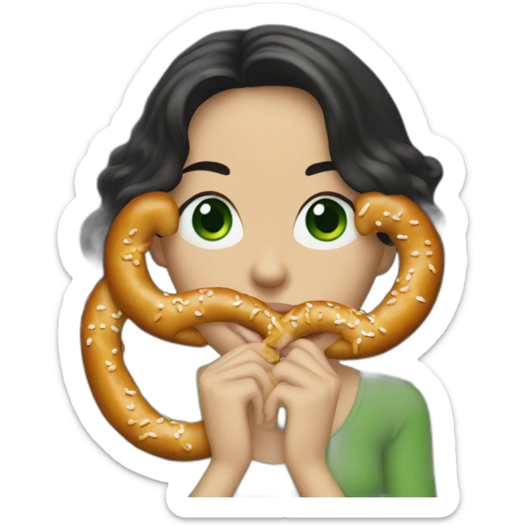 A Woman with green eyes and black wavy long hair and long nose eating a pretzel  sticker