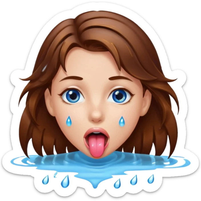 Girl with brown hair, blue eyes, a wet face and her tongue out. Can you make her face more wet? Can you add clear water droplets on her face and tongue? No water below her. Just on her face, hair and tongue. sticker