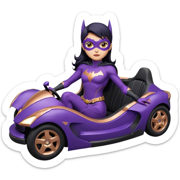  proportionally correct, real-appearance racing adult BatGirl’s feminine midnight-purple tight outfit sixty’s tv show 2032 stealth retro cat burglar sporty petite off-road pursuit floating black hover car with rose gold accents (black hair,reclined and relaxed seating position and attitude) sticker