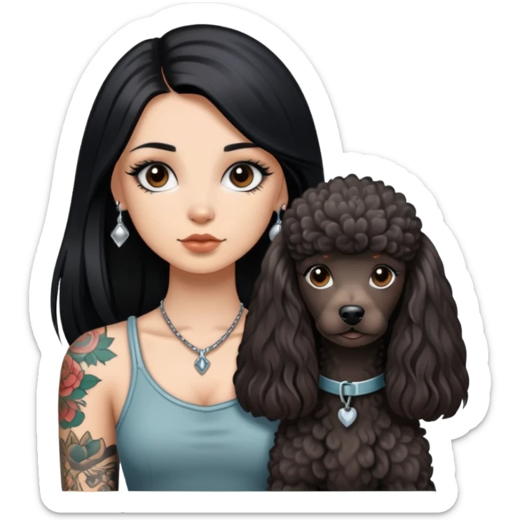 girl with long black  straight hair and tattoos and a  silver Yorkshire and a brown poodle sticker
