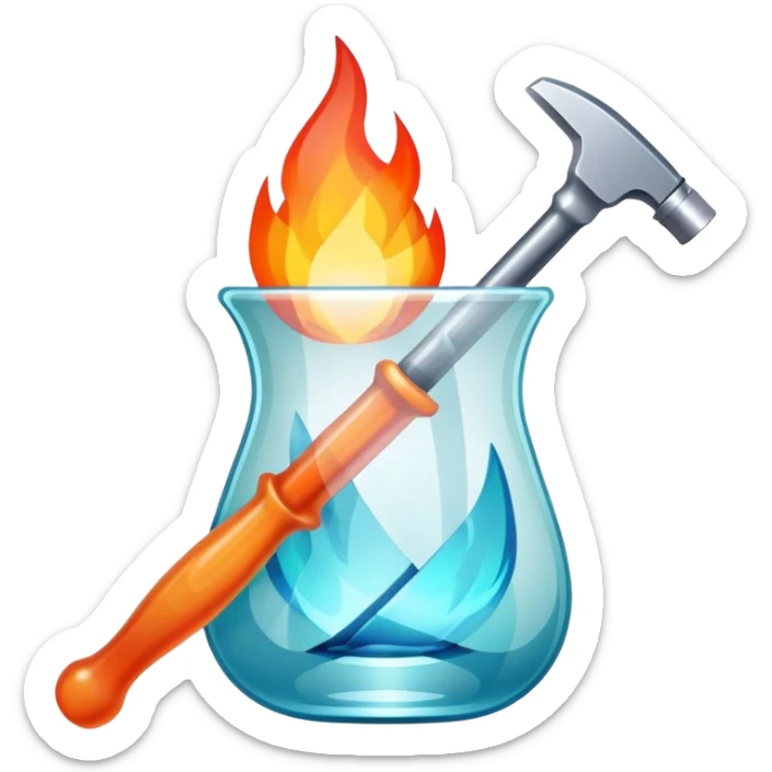 Glassworking icon, piece of glass being shaped with tools, glass cutter, flame for glassblowing, smooth edges, sparkling texture, minimalistic style, clean lines, transparent background. sticker