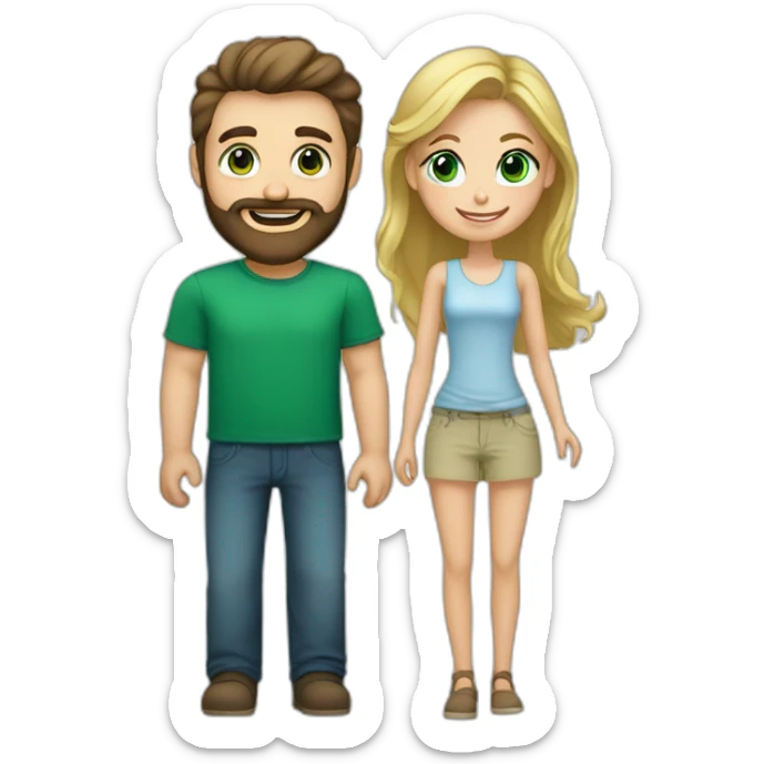 A happy couple, blond girl with blue eyes and dark haired and bearded man with green eyes sticker