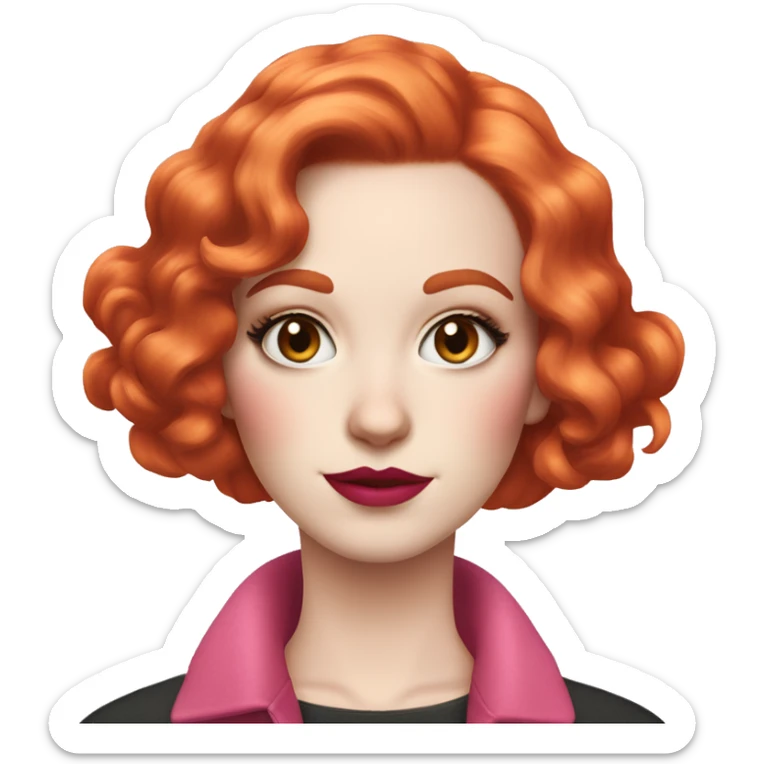 Woman with very pale skin, with bright red curly bob hair that is parted on the side, heavy eye makeup, cat eyeliner, long eyelashes, bright pink blush and bright pink lipstick  sticker