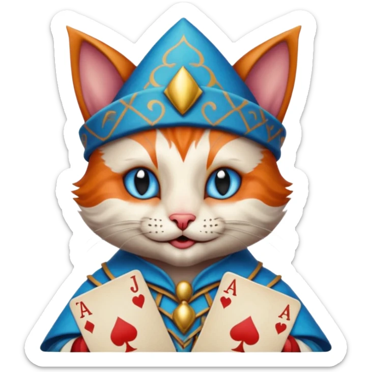 crazy colorful cute little cat jolly joker from poker, medieval, vintage, court jester, mac os icon, blue color, holds poker cards sticker