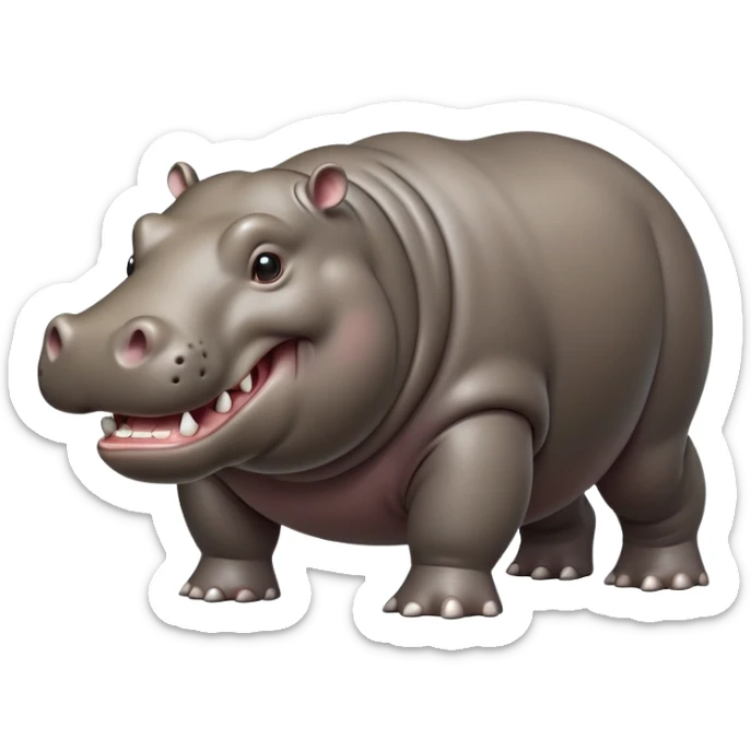 cinematic-hippo-realistic-full-body side view-standing on all fours-emoji,-massive-round-frame,-wide-mouthed-grin-exposing-huge-teeth,-head-tilted-dramatically,-thick-greyish-brown-hide-glossy-from-water,-simplified-yet-realistic-focused-features,-highly-detailed,-glowing-with-an-almost-sarcastic-glow sticker
