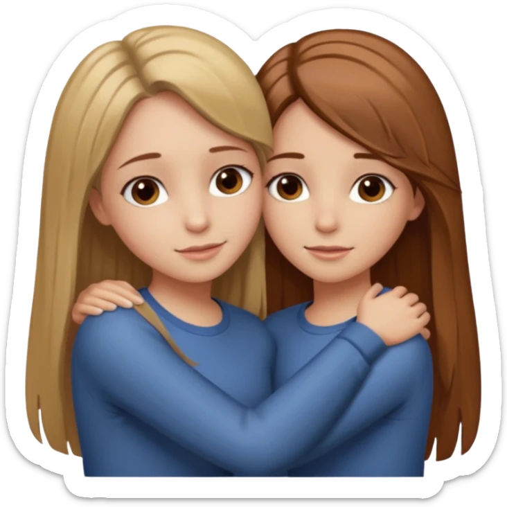 Two girls are hugging. One has dirty blonde hair with a little reddish in it. She has also grey eyes. Her hair is long and straight. The other girl has dark brown hair with hazel eyes sticker
