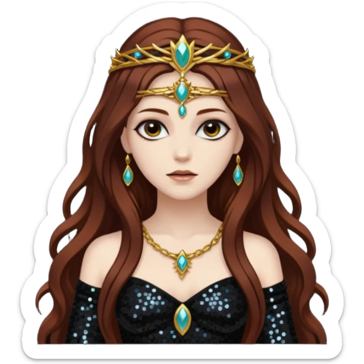 Libera, Goddess of Death from Gods and Goddesses with long dark auburn hair, black sequin outfit sticker